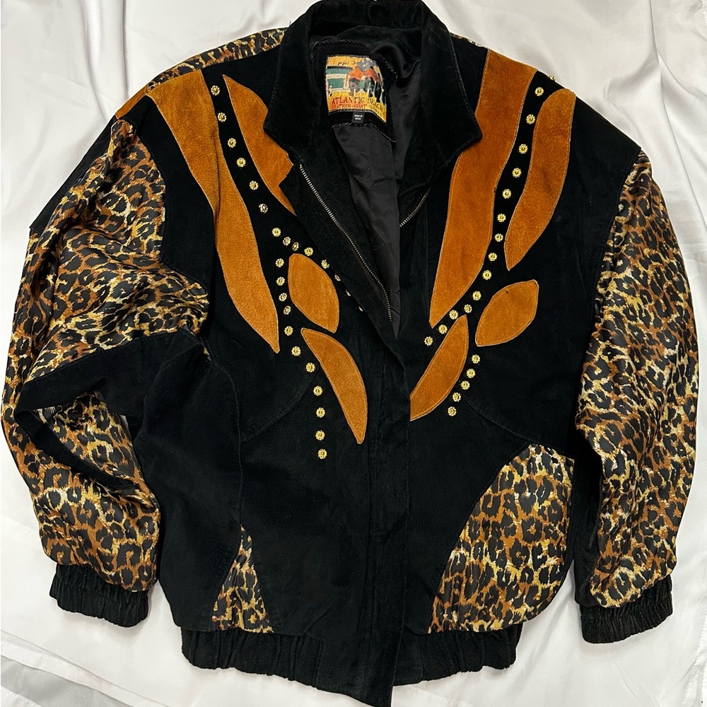 Vintage Atlantic Beach Leather Coat Works Bomber Jacket-MEDIUM- leopard print